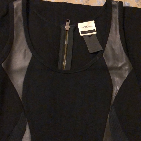 Designer black dress with faux leather appliqué by Under.ligne _5 - Picture 4 of 5